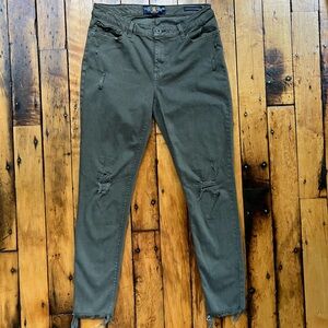 Lucky Brand Women’s 14/32 Sasha Super Skinny Olive Green Jeans Raw Hem Distress